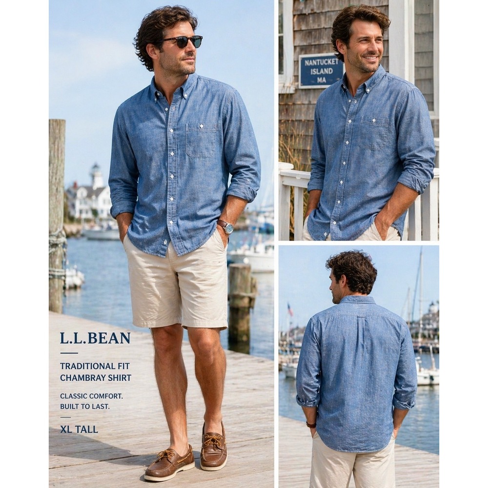 LL Bean Mens XL Tall Blue Traditional Fit Button Down Shirt Cotton Blend Summer